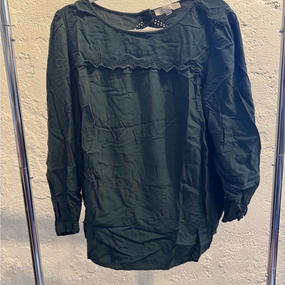 LOFT Green Puff Sleeve Ruffled Blouse